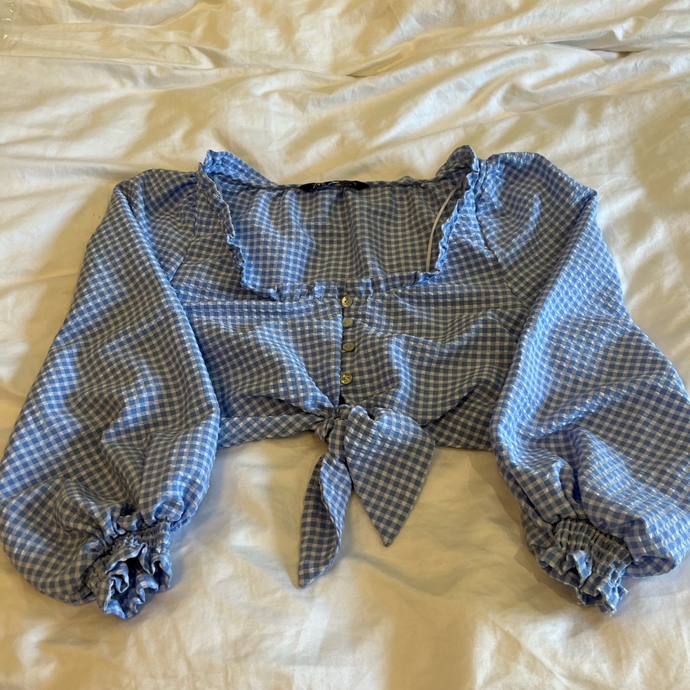 Adorable tie front cropped gingham Zara top
